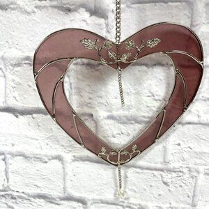 Vintage Pink Open Heart Hanging Ornament Stained Glass Suncatcher Crystal Accent